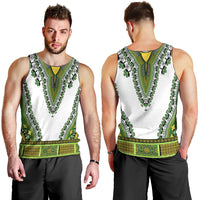 Men's dashiki tank top, front and back views with white, green decorative trim