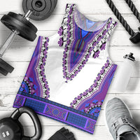 Men's dashiki tank top in white with purple and blue patterned trim, sleeveless