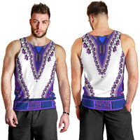 Men's dashiki tank top, side and back views: white with purple and blue ornate trim