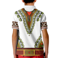 Kids white polo shirt with colorful dashiki print on back, short sleeves