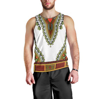 Men's white sleeveless dashiki tank top with green vine trim and red waist band