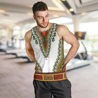 Men's white dashiki tank top with green and red tribal border, sleeveless