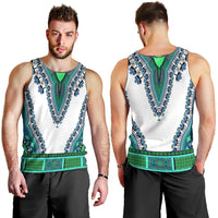 Men's dashiki tank top, white with turquoise-green patterned V yoke front and back