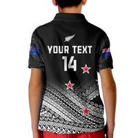 Kid black polo shirt back personalized text '14' with red stars and Maori fern print