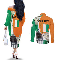 Personalized Ivory Coast Independence Day Couples Matching Off The Shoulder Long Sleeve Dress and Long Sleeve Button Shirt Ornithogalum Arabicum Happy 64 Years Anniversary