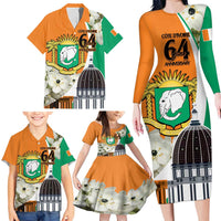 Personalized Ivory Coast Independence Day Family Matching Long Sleeve Bodycon Dress and Hawaiian Shirt Ornithogalum Arabicum Happy 64 Years Anniversary - Wonder Print Shop