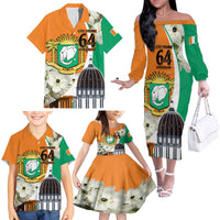 Personalized Ivory Coast Independence Day Family Matching Off The Shoulder Long Sleeve Dress and Hawaiian Shirt Ornithogalum Arabicum Happy 64 Years Anniversary - Wonder Print Shop