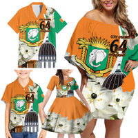 Personalized Ivory Coast Independence Day Family Matching Off Shoulder Short Dress and Hawaiian Shirt Ornithogalum Arabicum Happy 64 Years Anniversary - Wonder Print Shop