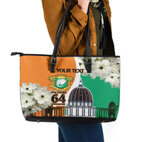 Personalized Ivory Coast Independence Day Leather Tote Bag Ornithogalum Arabicum Happy 64 Years Anniversary - Wonder Print Shop