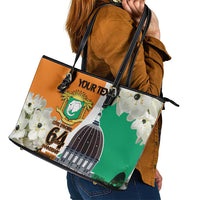 Personalized Ivory Coast Independence Day Leather Tote Bag Ornithogalum Arabicum Happy 64 Years Anniversary - Wonder Print Shop