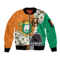 Personalized Ivory Coast Independence Day Sleeve Zip Bomber Jacket Ornithogalum Arabicum Happy 64 Years Anniversary - Wonder Print Shop