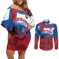 Faroe Islands National Day Couples Matching Off Shoulder Short Dress and Long Sleeve Button Shirt Olavsoka Faroes Map With Tjaldur - Wonder Print Shop