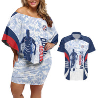 Custom Dominican Republic Football Couples Matching Off Shoulder Short Dress and Hawaiian Shirt Vamos Los Quisqueyanos - Wonder Print Shop