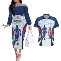 Custom Dominican Republic Football Couples Matching Off The Shoulder Long Sleeve Dress and Hawaiian Shirt Vamos Los Quisqueyanos - Wonder Print Shop