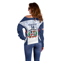 Custom Dominican Republic Football Off Shoulder Sweater Vamos Los Quisqueyanos - Wonder Print Shop