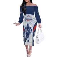 Custom Dominican Republic Football Off The Shoulder Long Sleeve Dress Vamos Los Quisqueyanos - Wonder Print Shop