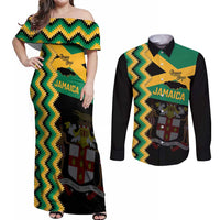 Custom Jamaica Football Couples Matching Off Shoulder Maxi Dress and Long Sleeve Button Shirt Go Reggae Boyz - Wonder Print Shop