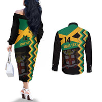 Custom Jamaica Football Couples Matching Off The Shoulder Long Sleeve Dress and Long Sleeve Button Shirt Go Reggae Boyz - Wonder Print Shop