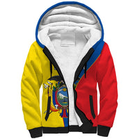 Unisex sherpa hoodie with yellow and red color-block, blue hood trim, black cuffs