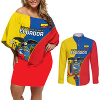 Custom Ecuador Couples Matching Off Shoulder Short Dress and Long Sleeve Button Shirts Ecuadorian Independence Day 10 August Proud - Wonder Print Shop