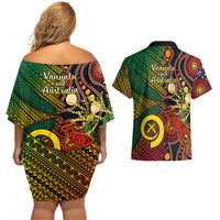 Vanuatu and Australia Couples Matching Off Shoulder Short Dress and Hawaiian Shirt Vanuatuan Polynesian Mix Aussie Aboriginal Art - Wonder Print Shop