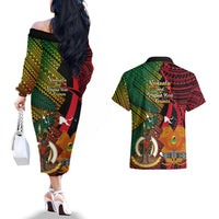 Vanuatu and Papua New Guinea Couples Matching Off The Shoulder Long Sleeve Dress and Hawaiian Shirt Vanuatuan With PNG Polynesian Pattern - Wonder Print Shop