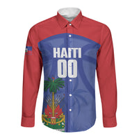 Haiti Basketball Custom Long Sleeve Button Shirt Ayiti Coat Of Arms Blue Sporty Style