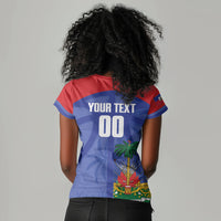 Haiti Basketball Custom Women V-Neck T-Shirt Ayiti Coat Of Arms Blue Sporty Style