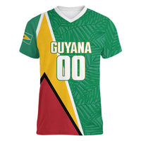 Guyana Basketball Custom Women V-Neck T-Shirt Tropical Leaves Flag Style