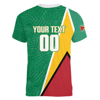Guyana Basketball Custom Women V-Neck T-Shirt Tropical Leaves Flag Style