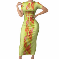 Personalized Bon Fete Kweyol Sent Lisi Short Sleeve Bodycon Dress Saint Lucia Creole Day Madras Motifs Yellow