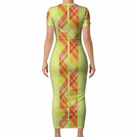 Personalized Bon Fete Kweyol Sent Lisi Short Sleeve Bodycon Dress Saint Lucia Creole Day Madras Motifs Yellow