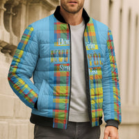 Personalized Bon Fete Kweyol Sent Lisi Bomber Puffer Jacket Saint Lucia Creole Day Madras Motifs Blue