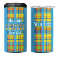 Personalized Bon Fete Kweyol Sent Lisi 4 in 1 Can Cooler Tumbler Saint Lucia Creole Day Madras Motifs Blue