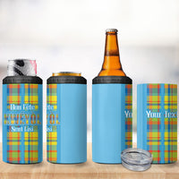 Personalized Bon Fete Kweyol Sent Lisi 4 in 1 Can Cooler Tumbler Saint Lucia Creole Day Madras Motifs Blue