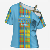 Personalized Bon Fete Kweyol Sent Lisi Cross Shoulder Shirt Saint Lucia Creole Day Madras Motifs Blue