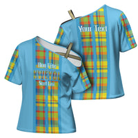 Personalized Bon Fete Kweyol Sent Lisi Cross Shoulder Shirt Saint Lucia Creole Day Madras Motifs Blue