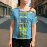 Personalized Bon Fete Kweyol Sent Lisi Cross Shoulder Shirt Saint Lucia Creole Day Madras Motifs Blue