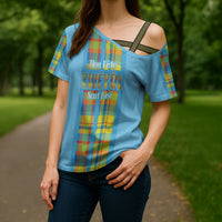Personalized Bon Fete Kweyol Sent Lisi Cross Shoulder Shirt Saint Lucia Creole Day Madras Motifs Blue