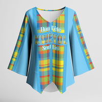 Personalized Bon Fete Kweyol Sent Lisi Kimono Sleeve Blouse Saint Lucia Creole Day Madras Motifs Blue