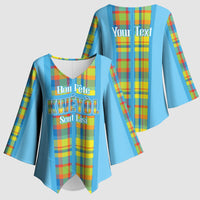 Personalized Bon Fete Kweyol Sent Lisi Kimono Sleeve Blouse Saint Lucia Creole Day Madras Motifs Blue