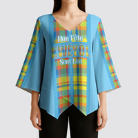 Personalized Bon Fete Kweyol Sent Lisi Kimono Sleeve Blouse Saint Lucia Creole Day Madras Motifs Blue
