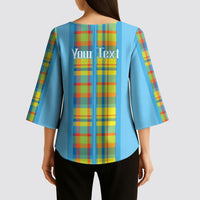 Personalized Bon Fete Kweyol Sent Lisi Kimono Sleeve Blouse Saint Lucia Creole Day Madras Motifs Blue