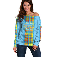 Personalized Bon Fete Kweyol Sent Lisi Off Shoulder Sweater Saint Lucia Creole Day Madras Motifs Blue