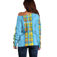 Personalized Bon Fete Kweyol Sent Lisi Off Shoulder Sweater Saint Lucia Creole Day Madras Motifs Blue