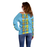 Personalized Bon Fete Kweyol Sent Lisi Off Shoulder Sweater Saint Lucia Creole Day Madras Motifs Blue