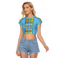 Personalized Bon Fete Kweyol Sent Lisi Raglan Cropped T Shirt Saint Lucia Creole Day Madras Motifs Blue