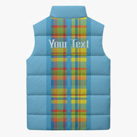 Personalized Bon Fete Kweyol Sent Lisi Sleeveless Puffer Jacket Saint Lucia Creole Day Madras Motifs Blue
