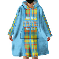 Personalized Bon Fete Kweyol Sent Lisi Wearable Blanket Hoodie Saint Lucia Creole Day Madras Motifs Blue