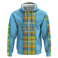 Personalized Bon Fete Kweyol Sent Lisi Zip Hoodie Saint Lucia Creole Day Madras Motifs Blue